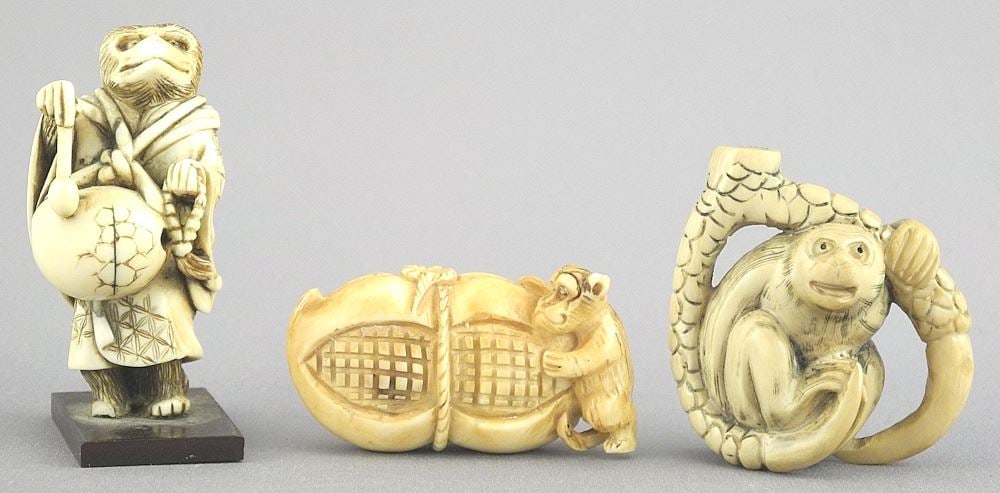 Three Japanese Netsuke: Monkey Subjects, 1-2" High, 52.7 Grams, No Export. (1 of 5)