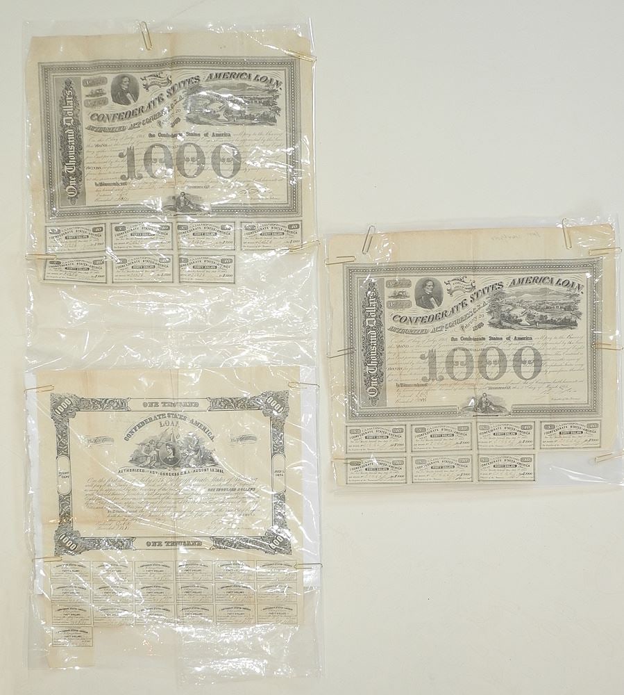 Three Confederate States of America Loan Bonds with Coupons C.1863, Approximately 14 1/2 x 45" (1 of 7)
