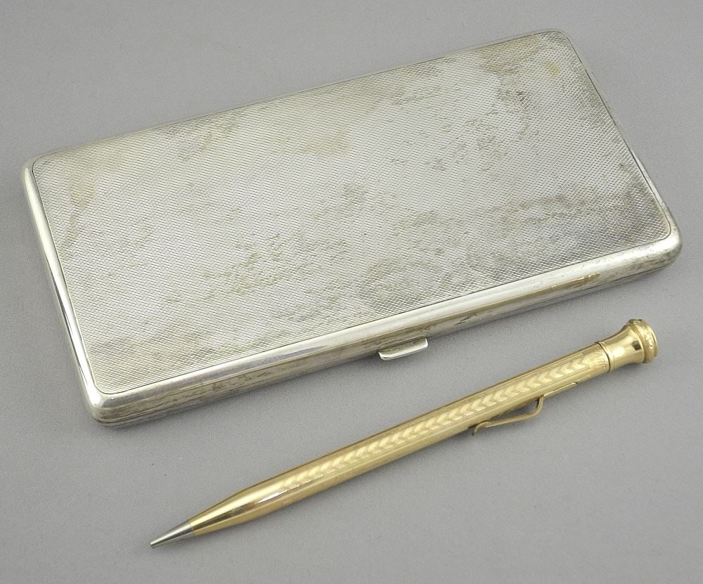 Hallmarked Silver Cigarette Case, 6 1/4"w, 247g with Plated Pencil. (1 of 6)