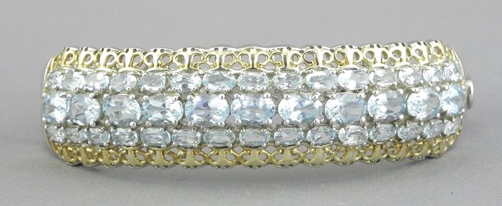 Sterling Silver (marked STS) & Sky Blue Topaz Hinged Bracelet, 2 7/8"w, 38.8g.: Sterling Silver (marked STS) & Sky Blue Topaz Hinged Bracelet, 2 7/8"w, 38.8g.