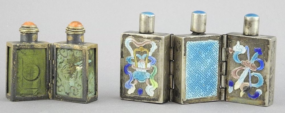 Two Chinese Silver Alloy Hinged Snuff Bottles, 1 1/2 & 1 3/4"h, 76g. (1 of 5)
