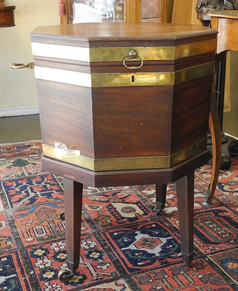 Georgian Brass Banded Mahogany Cellarette with Brass Drain Spigot, 27 7/8 x 20 1/4 x 20 1/4". (1 of 4)