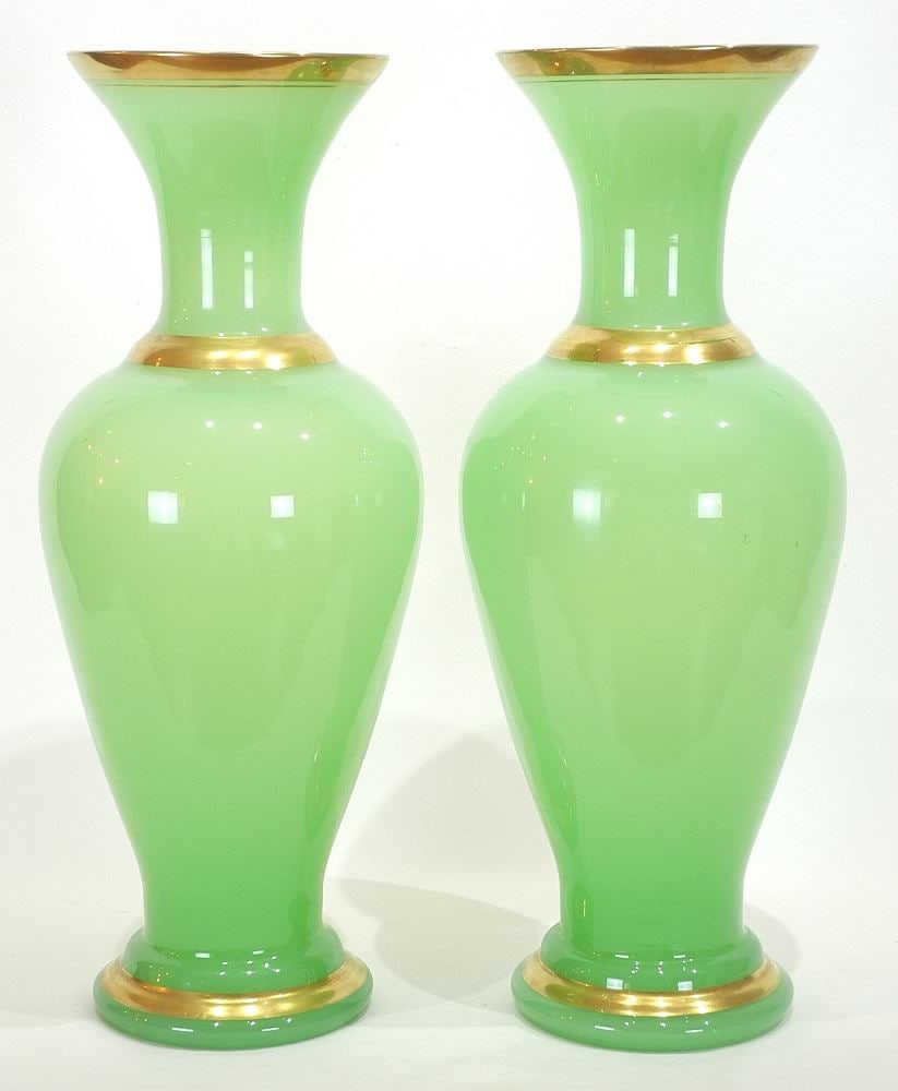 Manner of Baccarat Pair of Green Opaline & Glass Gold Banded Vase, 20"h.: Manner of Baccarat Pair of Green Opaline & Glass Gold Banded Vase, 20"h.