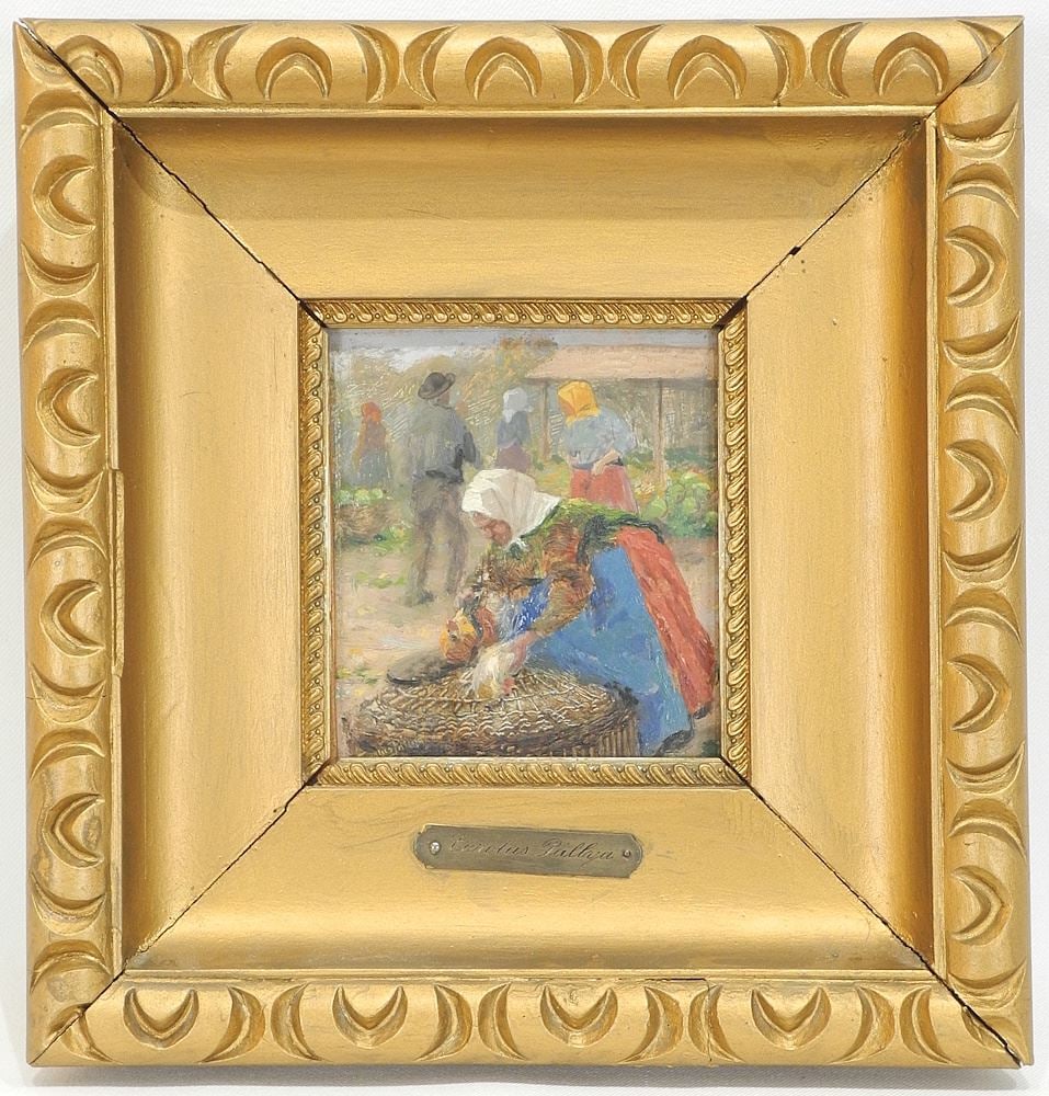 Oil on Board signed Carolus Pallya, 4 1/4 x 4" "Chicken Market". (1 of 8)