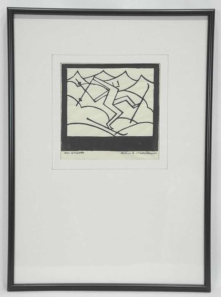 Block Print signed Helen B. Stadelbauer, 5 x 5", "Ski Dancer". (1 of 5)