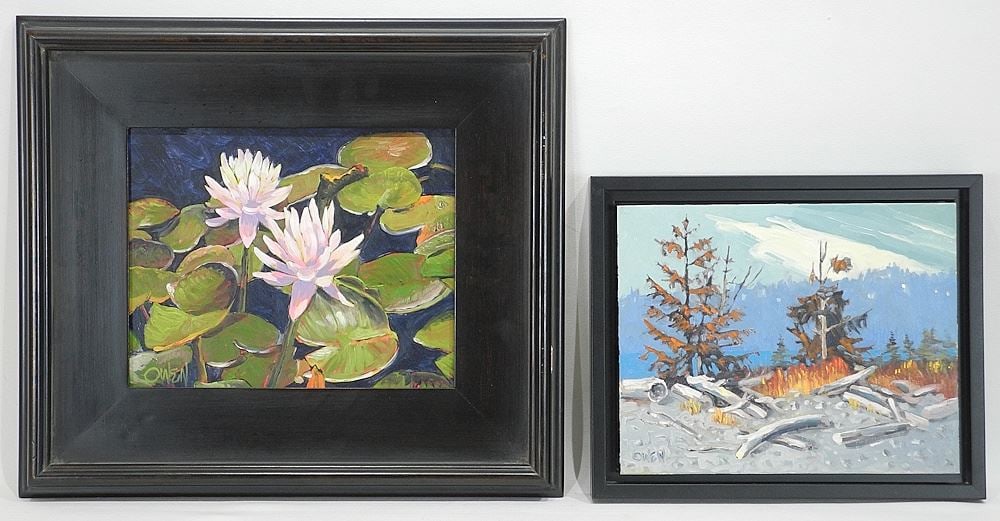 Two Oil on Board signed (Rob) Owen, Larger 8 x 10", "Water Lilies" & "Whiffin Beach".: Two Oil on Board signed (Rob) Owen, Larger 8 x 10", "Water Lilies" & "Whiffin Beach".
