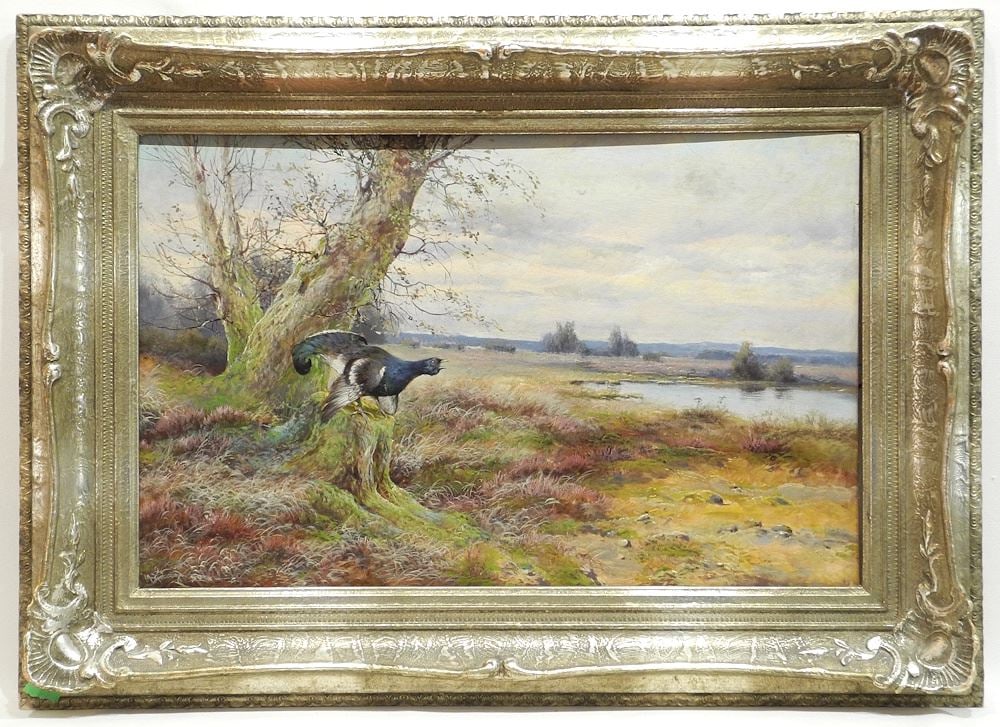 Oil on Board Possibly signed M. Hangerson, 12 1/2 x 20", "Capercaillie Grouse...".: Oil on Board Possibly signed M. Hangerson, 12 1/2 x 20", "Capercaillie Grouse...".