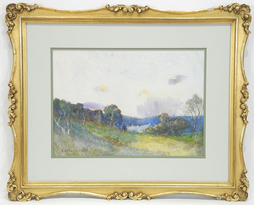 Watercolour signed K.R. (Kenneth Ross) MacPherson, 9 1/2 x 13 1/2", "Countryside of Quebec". (1 of 7)