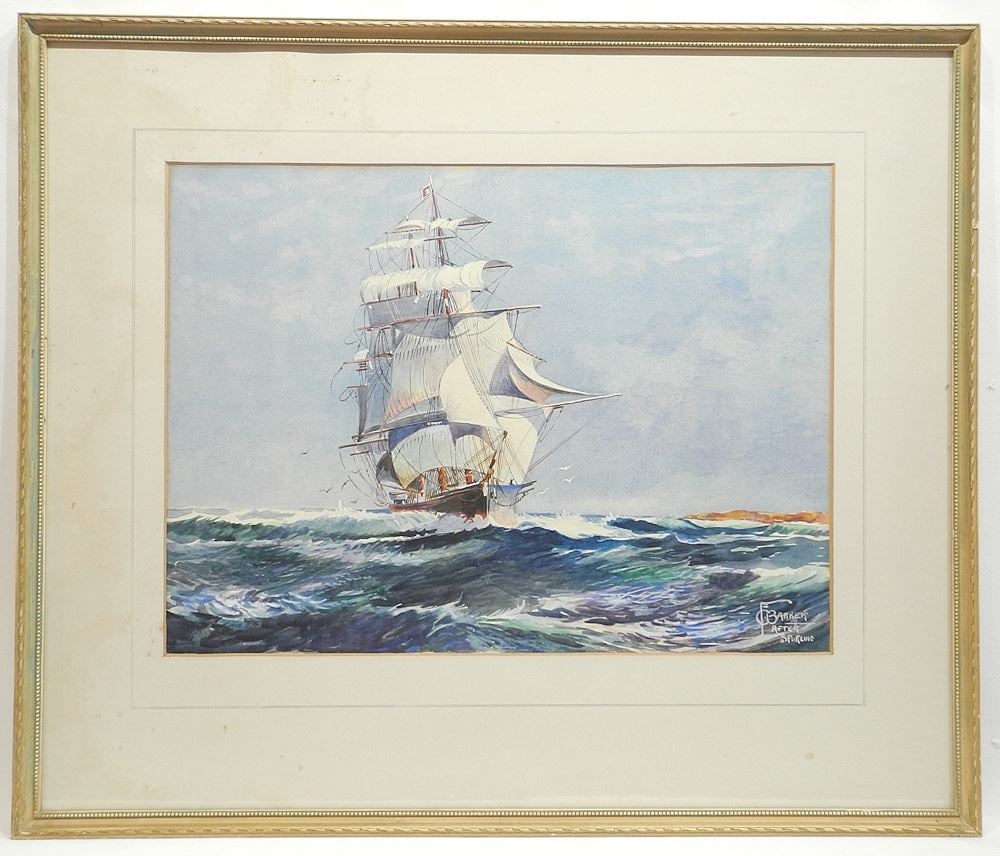 Watercolour signed C. (Charles) F. Barker After Spurling, 15 x 20", "Tall Ship Full Sail".: Watercolour signed C. (Charles) F. Barker After Spurling, 15 x 20", "Tall Ship Full Sail".