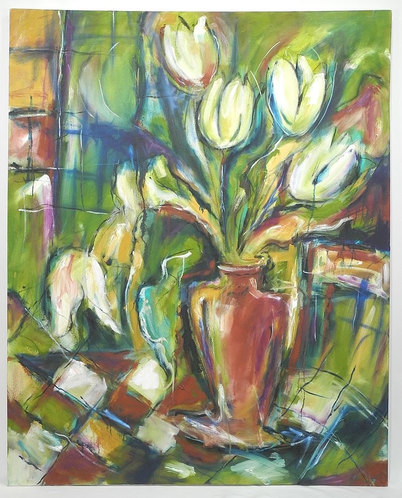 Oil on Canvas signed M. (Michelle) Miller'00, 53 3/4 x 42", "White Tulips Composition". (1 of 6)