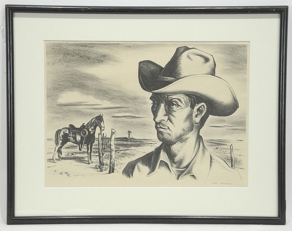 Lithograph signed Jerry Bywaters, 9 3/4 x 13 1/2", "Ranch Hand & Pony" C.1945. (1 of 5)