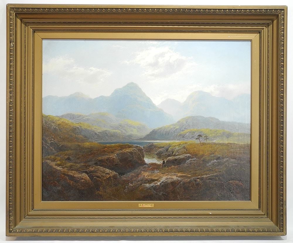Oil on Masonite signed G.B. (George) Blackie) Sticks, 28 x 36 1/4", "Highland Scene w/ Fisherm: Oil on Masonite signed G.B. (George) Blackie) Sticks, 28 x 36 1/4", "Highland Scene w/ Fisherm