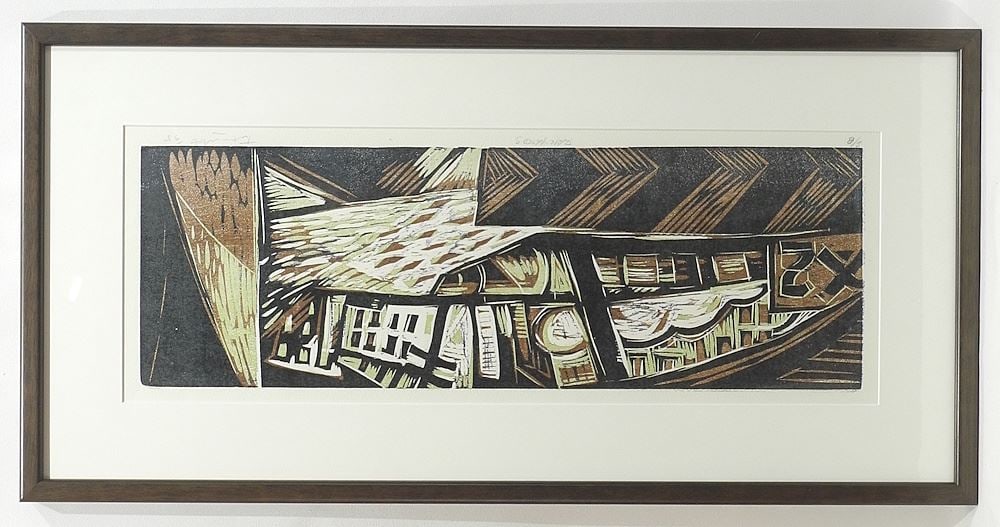 Woodblock Print signed (Richard) Tetrault, 9 1/8 x 25", "Rail Yards" #2/8. (1 of 4)