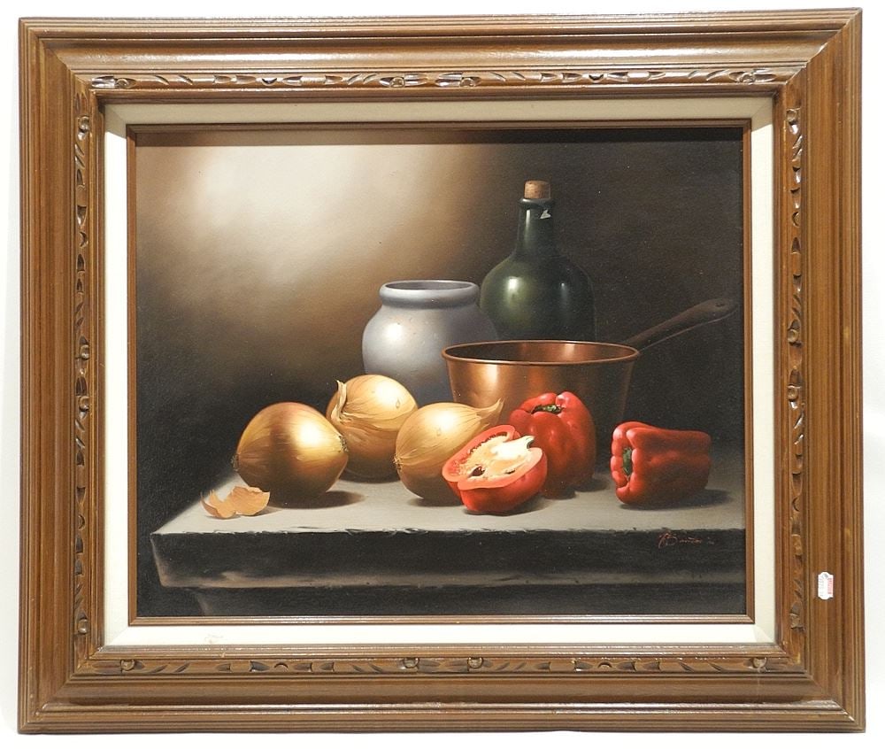 Oil & Acrylic on Canvas signed V. (Victor) Santos'86, 16 x 20", "Still Life with Red Peppers & On: Oil & Acrylic on Canvas signed V. (Victor) Santos'86, 16 x 20", "Still Life with Red Peppers & On