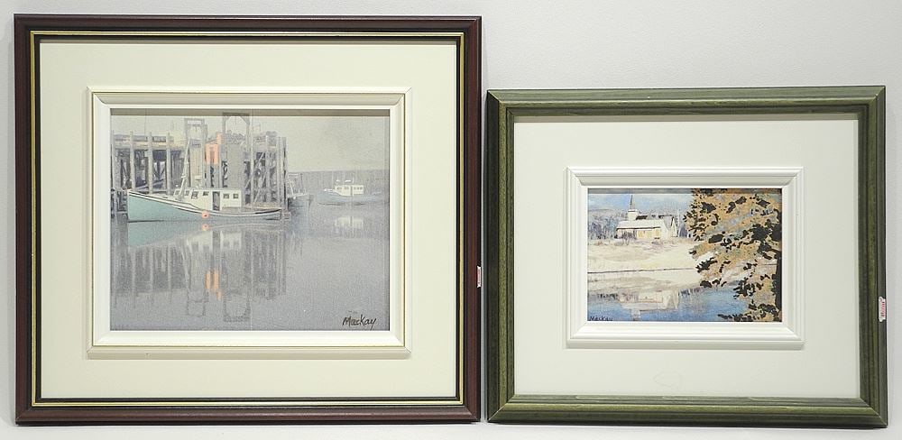Two Oil on Board signed MacKay Largest 7 1/2 x 9 1/2", "Christ, Church" & "Lobster" Boats. (1 of 7)