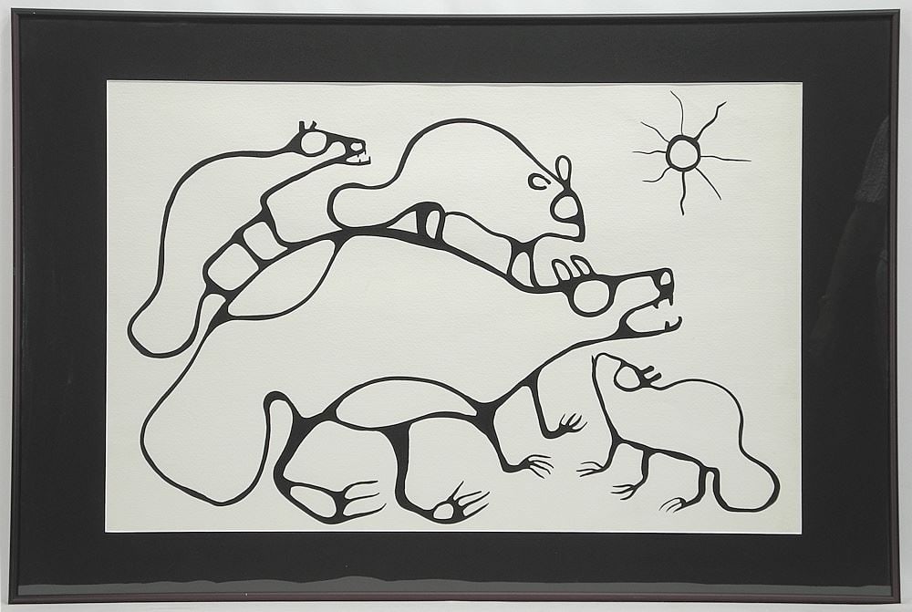 Acrylic on Paper Attributed to Norval Morrisseau, 18 1/2 x 28 1/2", "Spirit Animals" w/ Letter: Acrylic on Paper Attributed to Norval Morrisseau, 18 1/2 x 28 1/2", "Spirit Animals" w/ Letter
