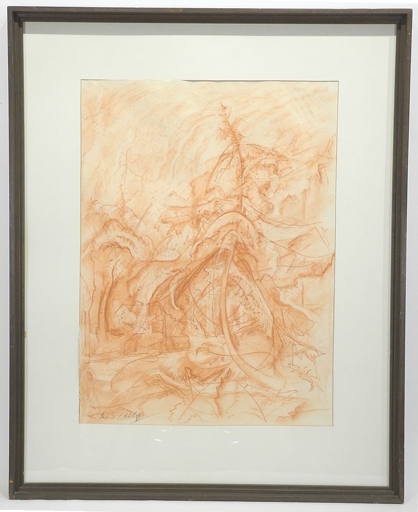 Conte Sketch signed Ina D.D.Uhthoff, 23 3/4 x 17 5/8", "Cedars" C.1935, Illus. Tippet/Clarke "Deso: Conte Sketch signed Ina D.D.Uhthoff, 23 3/4 x 17 5/8", "Cedars" C.1935, Illus. Tippet/Clarke "Deso