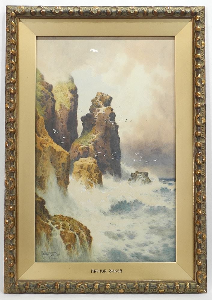 Watercolour signed Arthur Suker, 23 1/2 x 14 1/2", "Coastal Scene with Gulls". (1 of 4)