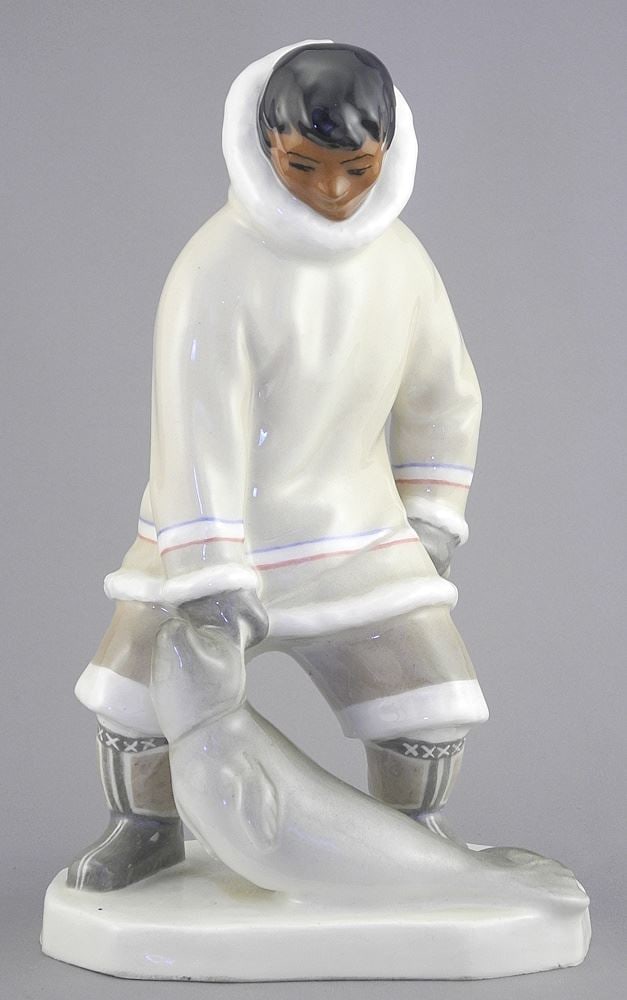 Ceramic Figure signed Leo Mol Winnipeg, Canada, 8 7/8"h, "Hunter with Seal". (1 of 5)