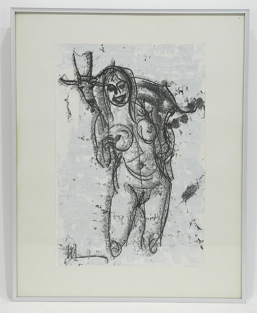 Drawing signed H. (Herbert) Siebner, 15 1/2 x 10 3/8", "Nude Carrying a Goat" #6416/1975.: Drawing signed H. (Herbert) Siebner, 15 1/2 x 10 3/8", "Nude Carrying a Goat" #6416/1975.