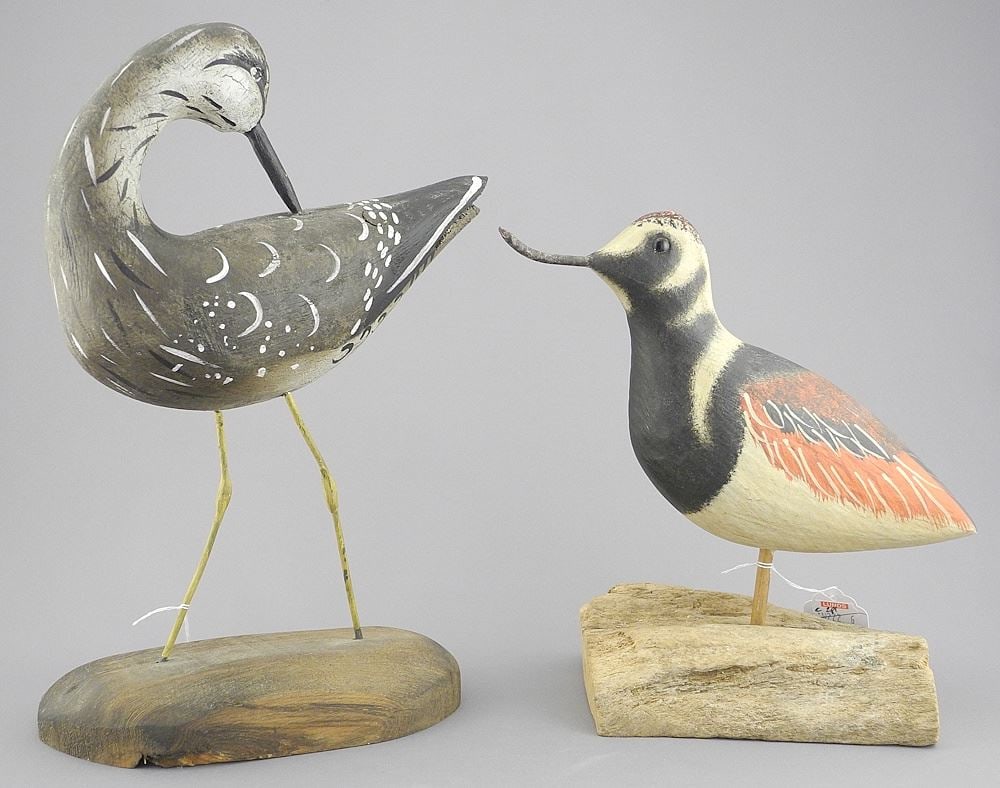 Two Hand Carved Bird Models: "Yellow Legs" & "Ruddy Turnstone", Bases signed, 8 1/2". (1 of 3)