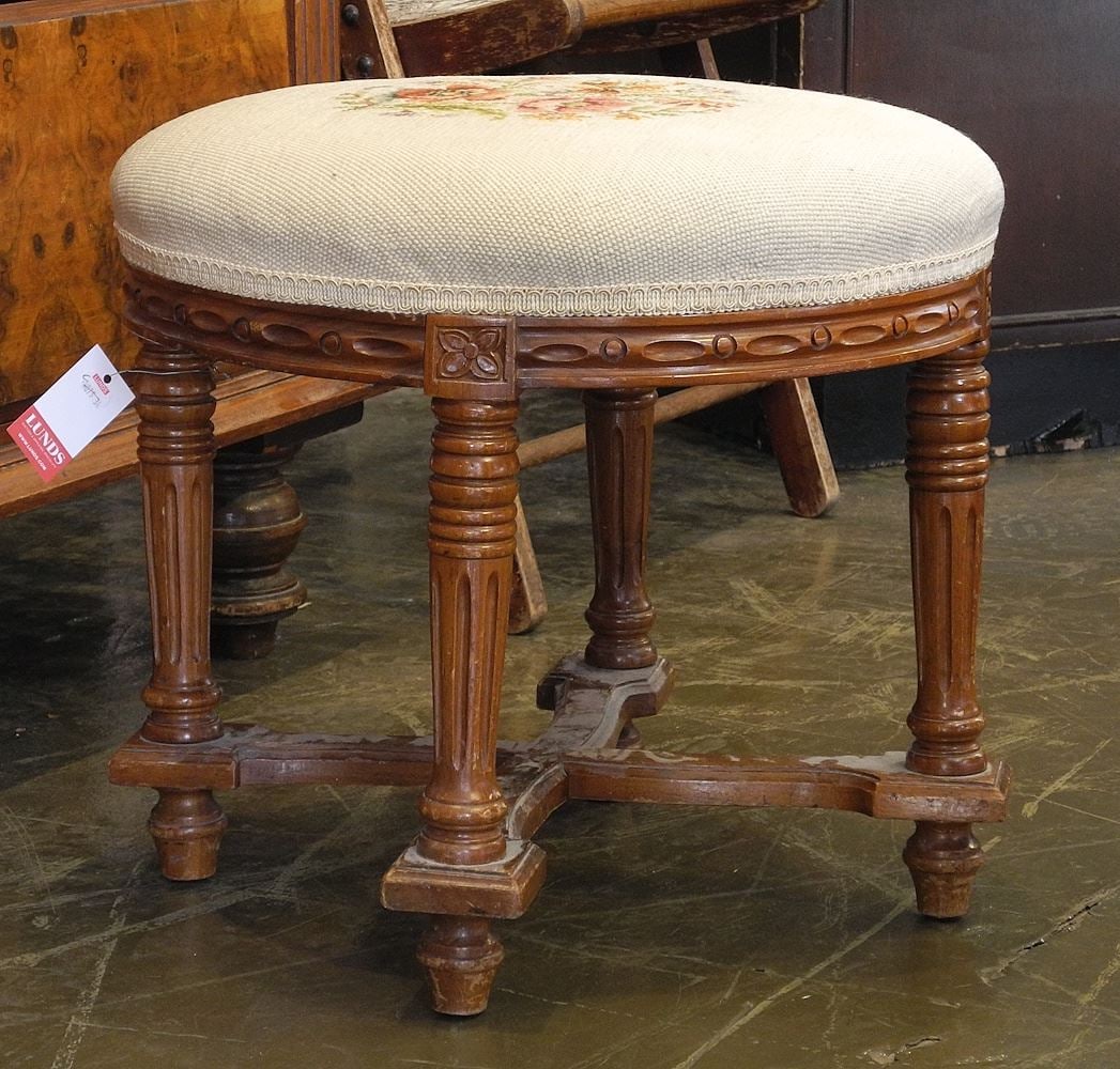 Louis XVI-Style Needlepoint Mahogany Foot Stool, 16 3/4"h. (1 of 2)