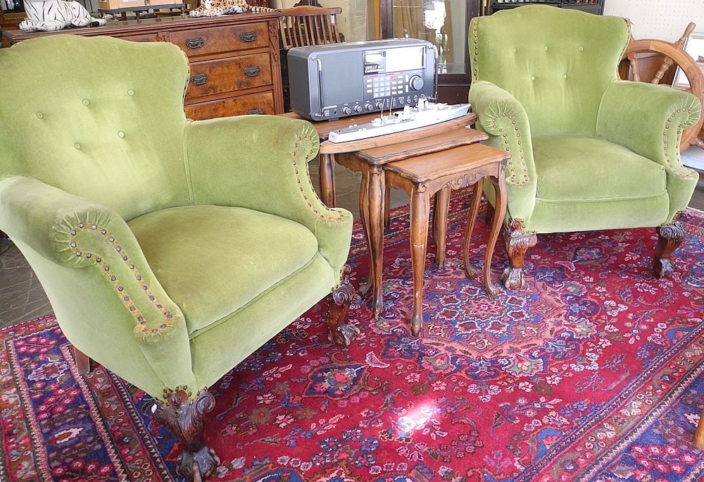 Pair of Green Velvet Armchairs, 37"h (as found). (1 of 3)