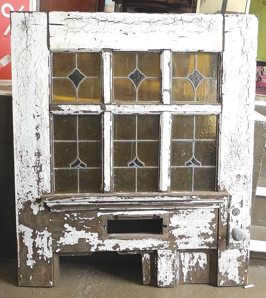 Leaded Glass Door Section, 44 1/4 x 39" (crack noted).: Leaded Glass Door Section, 44 1/4 x 39" (crack noted).