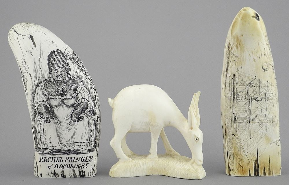 Two Replica Scrimshaw Teeth & Antelope Carving, 3 - 5 3/4"h, NO EXPORT.: Two Replica Scrimshaw Teeth & Antelope Carving, 3 - 5 3/4"h, NO EXPORT.