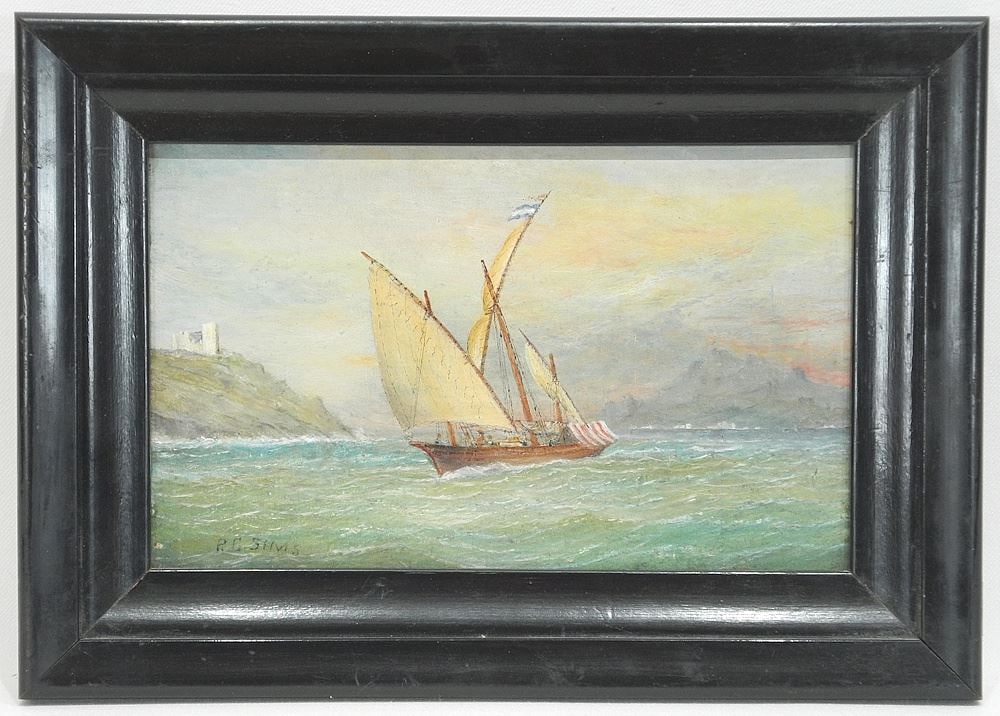 Oil on Panel signed P.C. Sims, 5 1/2 x 9", "European Sailing Vessel". (1 of 3)