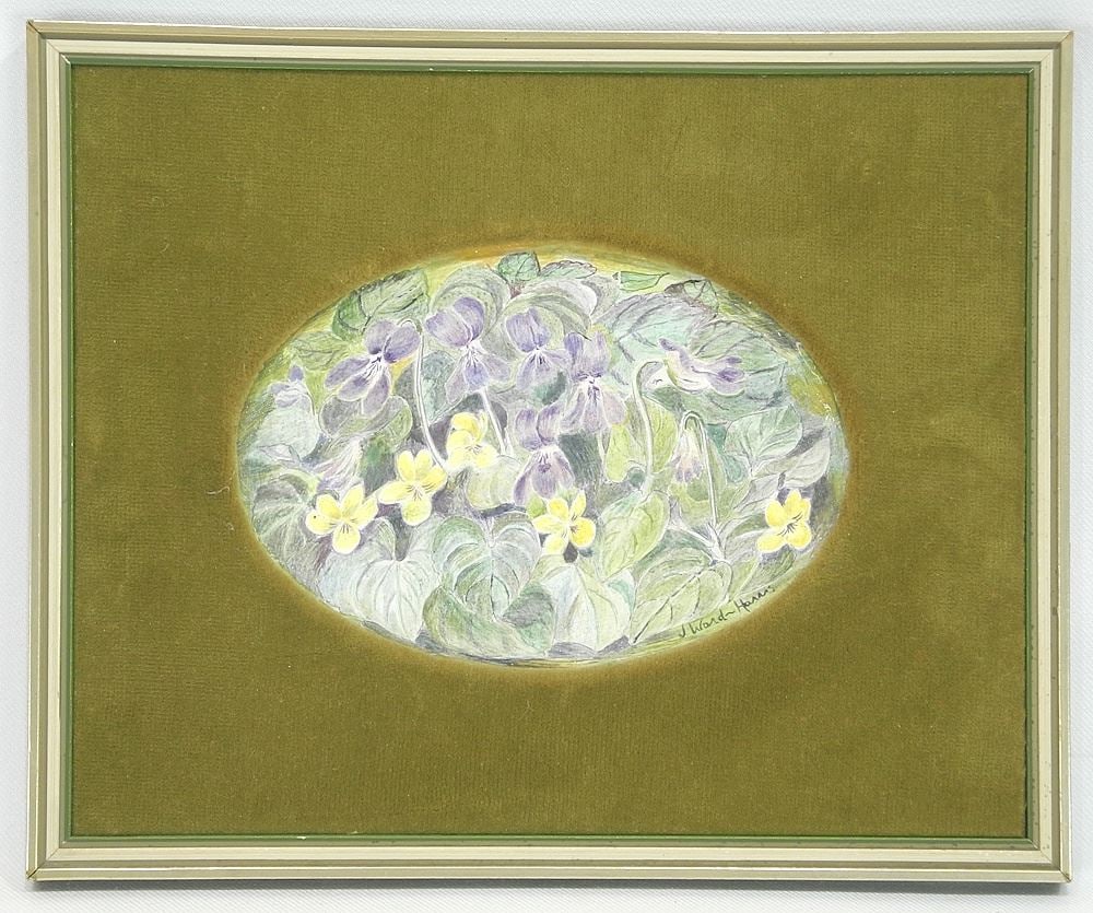 Egg Tempera signed J. (Joan) Ward- Harris, 4 x 5 3/4", "Wild Violets".: Egg Tempera signed J. (Joan) Ward- Harris, 4 x 5 3/4", "Wild Violets".