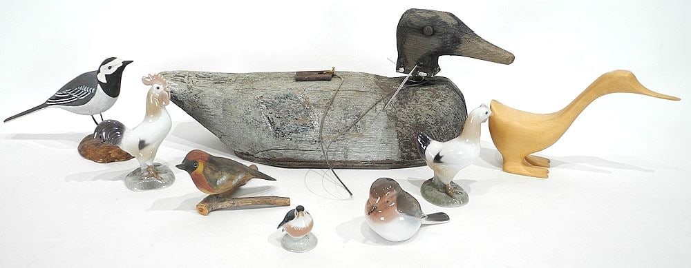 Collection of Danish Porcelain & Hand Carved Bird Figures, Decoy 16"L (1 of 3)