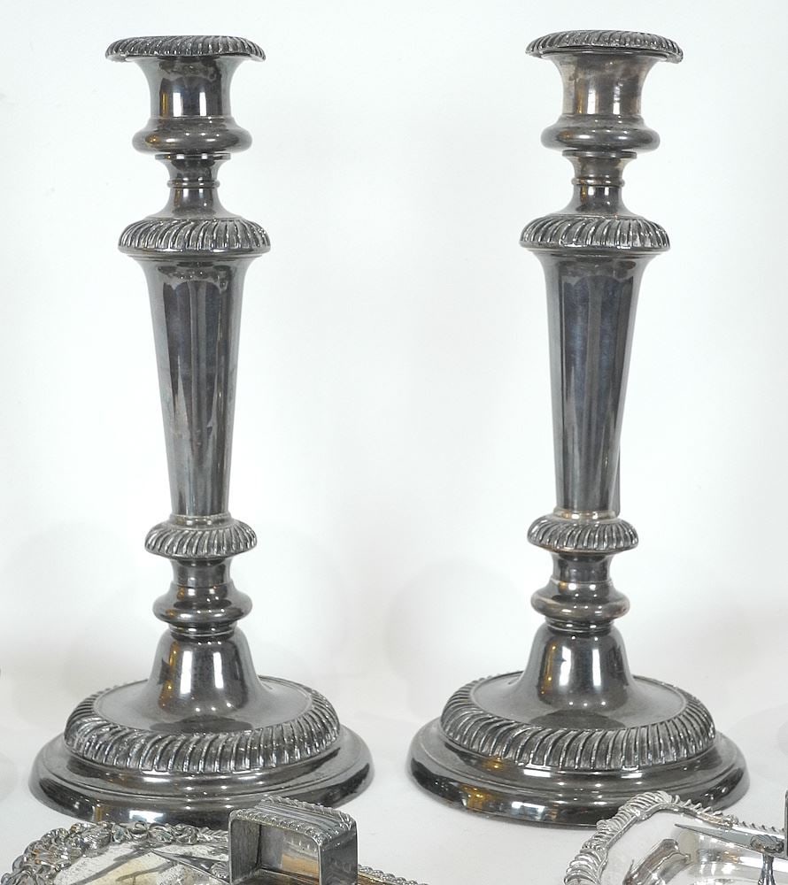 Pair of Silverplated 12" Candlestick with 3 Candle Snuffers on Trays & Grape Shears. (1 of 2)