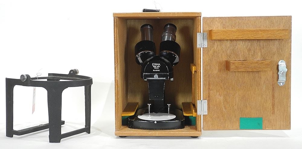 Erma Optical Works Tokyo No.43142 Microscope with Case & Stand, 11"h. (1 of 3)