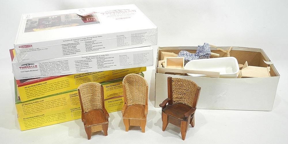 Collection of Doll House Furniture & Three Miniature Orkney Chairs. (1 of 4)