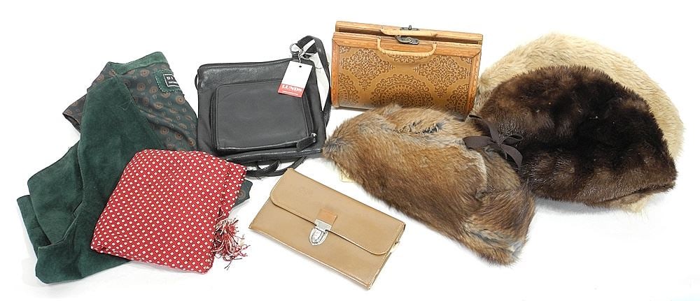 Collection of Fur Hats/Suede Vest/ Forsyth Scarf/Handbags. (1 of 1)