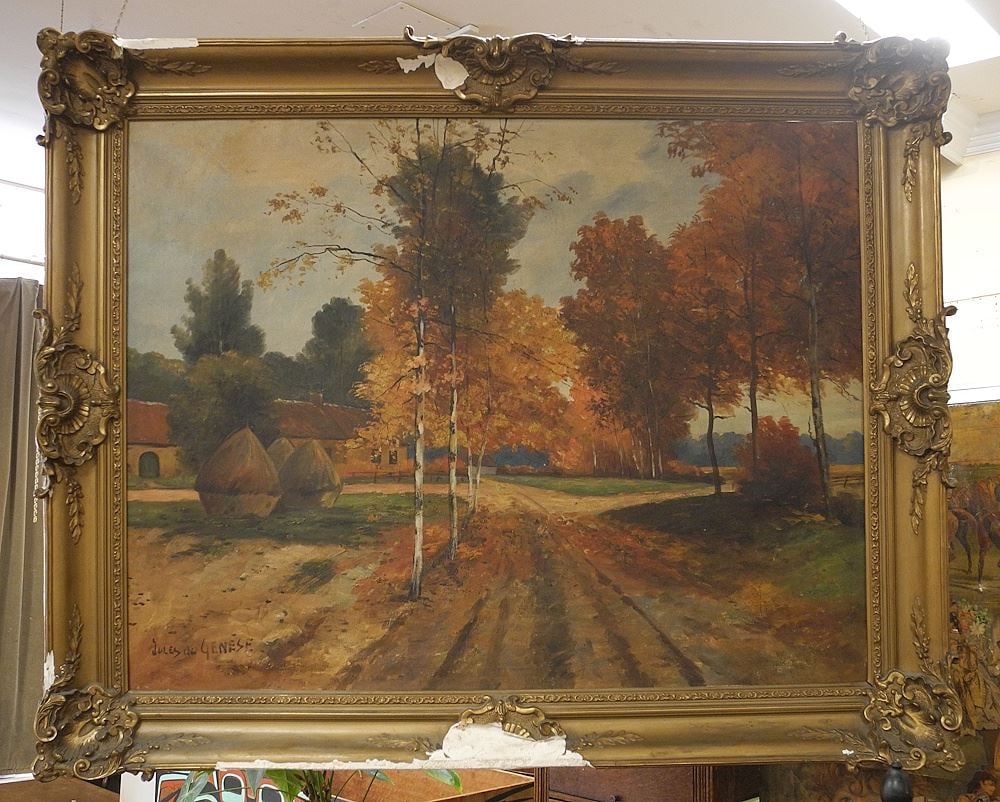 Oil on Canvas signed Jules de Genese "Autumn Scene", 34 1/2 x 43 3/4". (1 of 3)