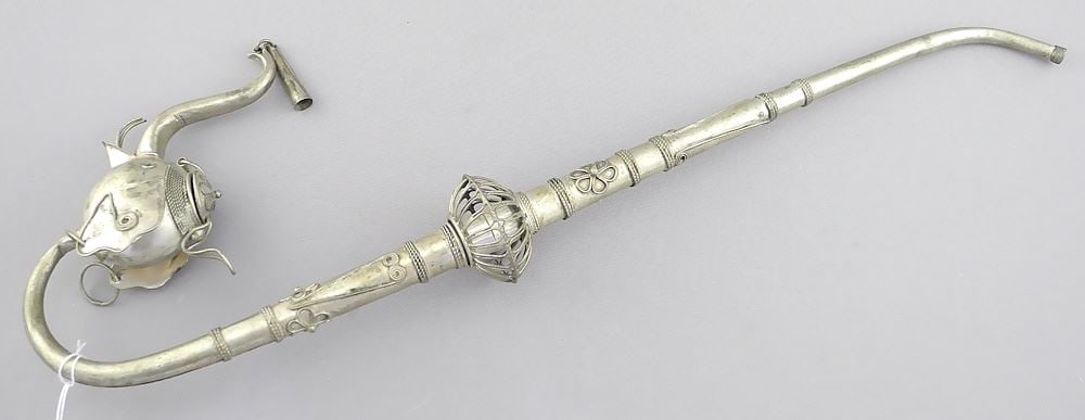 Southwest Asian "Elephant" White Metal Pipe, 13 1/4".: Southwest Asian "Elephant" White Metal Pipe, 13 1/4".