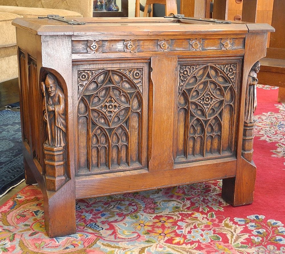 Gothic Oak Strapwork Hinged Box, 24 x 16.25 x 20".: Gothic Oak Strapwork Hinged Box, 24 x 16.25 x 20".