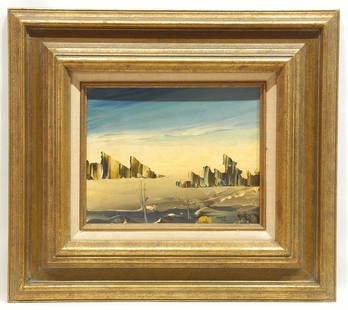 Oil on Board signed (Gilbert) Plante , 8 x 10", "Surrealist Desert Landscape".: Oil on Board signed (Gilbert) Plante , 8 x 10", "Surrealist Desert Landscape".