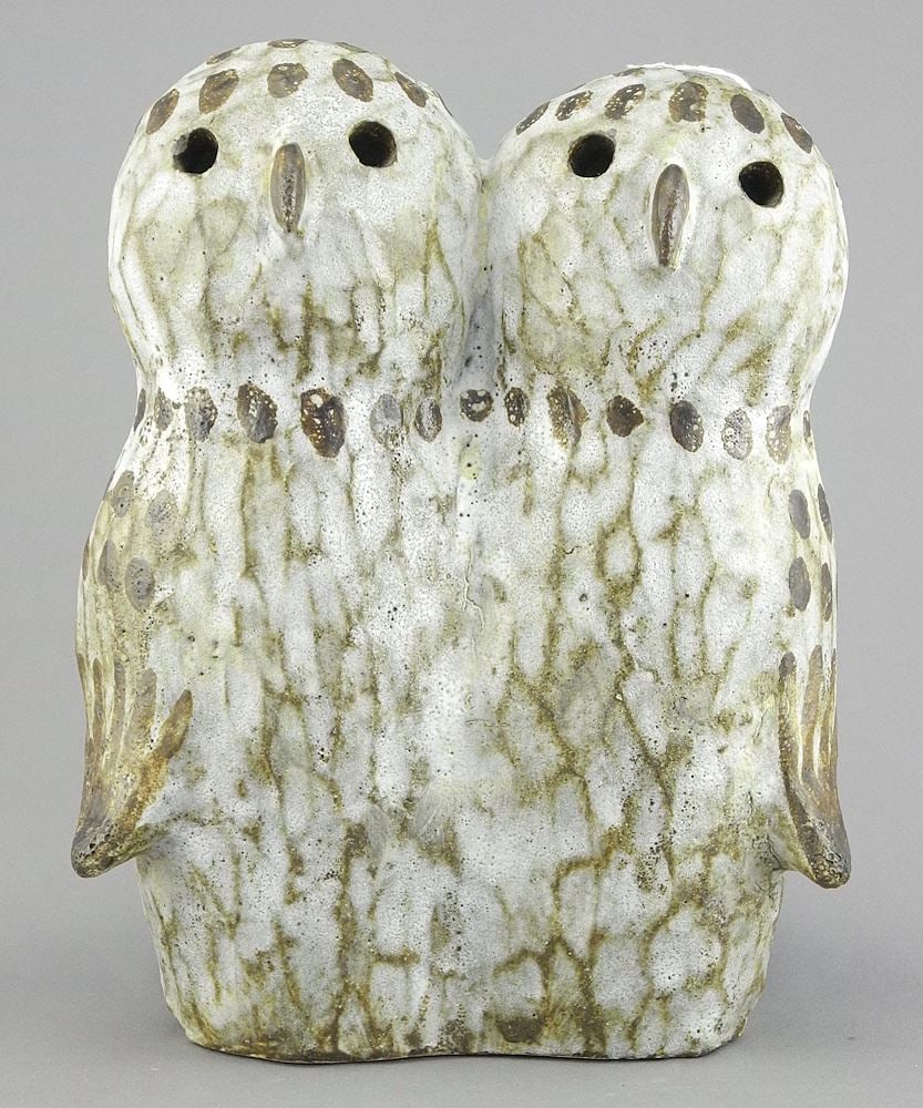 Stoneware Sculpture Monogrammed TK (Thomas Kakinuma), 8 3/8"h, "Two Owls". (1 of 4)