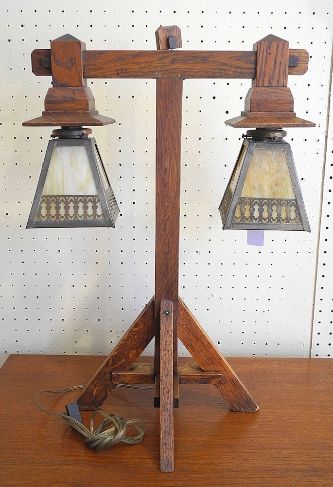Arts & Crafts-Style Oak Dual Branch Table Lamp, 23 1/2"h.: Arts & Crafts-Style Oak Dual Branch Table Lamp, 23 1/2"h.