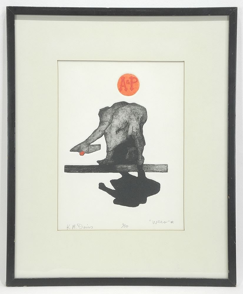 Etching signed K.M. Davis, 11 x 8 1/8", "Weea" (The Wrestler) #9/50.: Etching signed K.M. Davis, 11 x 8 1/8", "Weea" (The Wrestler) #9/50.