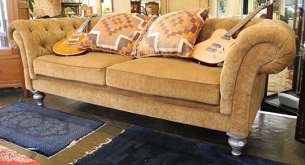 Contemporary Straw Coloured Chesterfield (water damage noted).: Contemporary Straw Coloured Chesterfield (water damage noted).