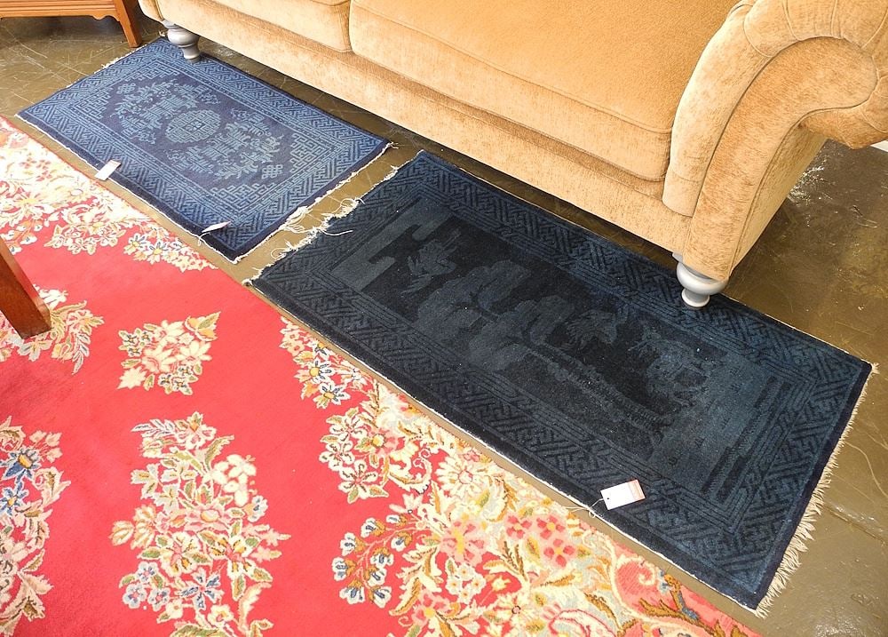 Two Chinese Blue Wool Mats Approx. 3'9" x 1'11" (as found). (1 of 3)