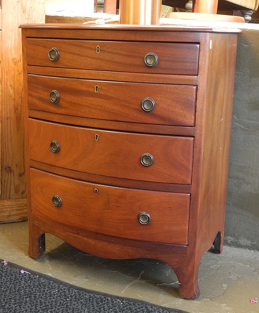 Petite Bow-Front Mahogany Four Drawer Chest, 29 3/8" H. X 22 3/4" W. X 16 1/2" D.: Petite Bow-Front Mahogany Four Drawer Chest, 29 3/8" H. X 22 3/4" W. X 16 1/2" D.