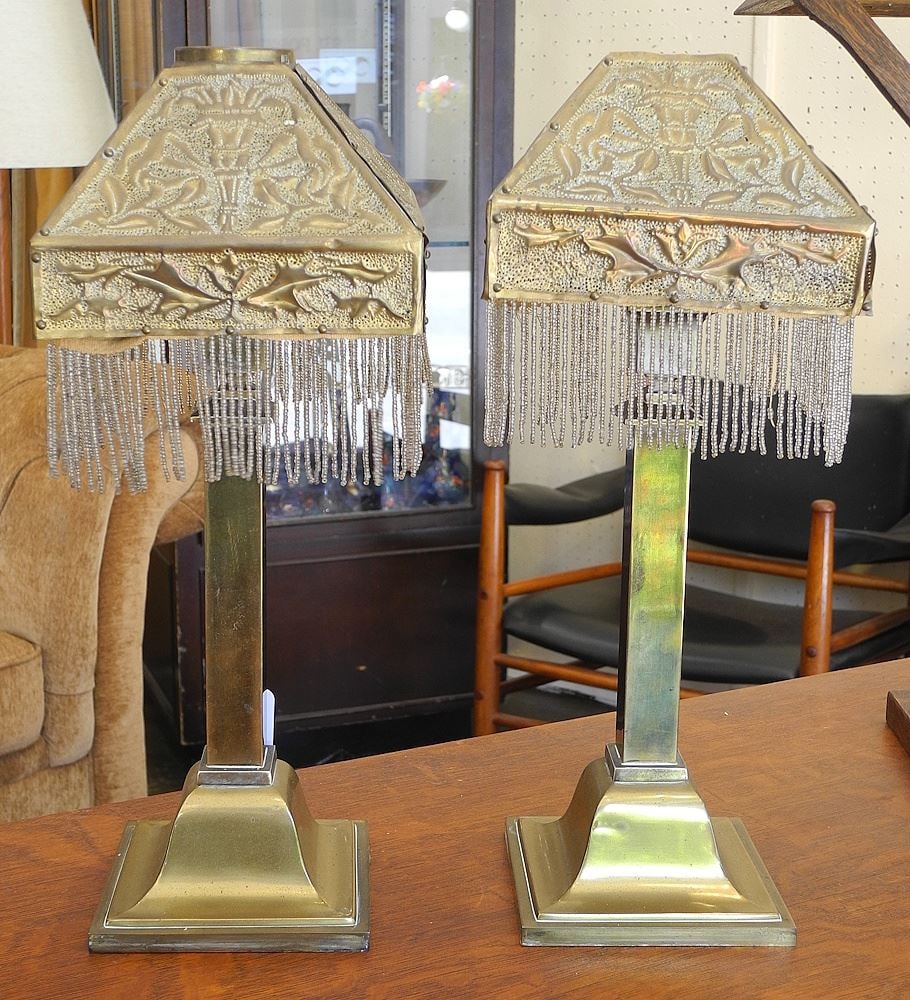 Pair of Bradley & Hubbard Brass Candlesticks with Stamped Brass Fringed Shades. (1 of 2)