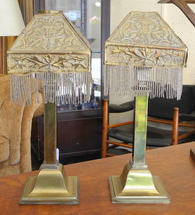 Pair of Bradley & Hubbard Brass Candlesticks with Stamped Brass Fringed Shades.: Pair of Bradley & Hubbard Brass Candlesticks with Stamped Brass Fringed Shades.