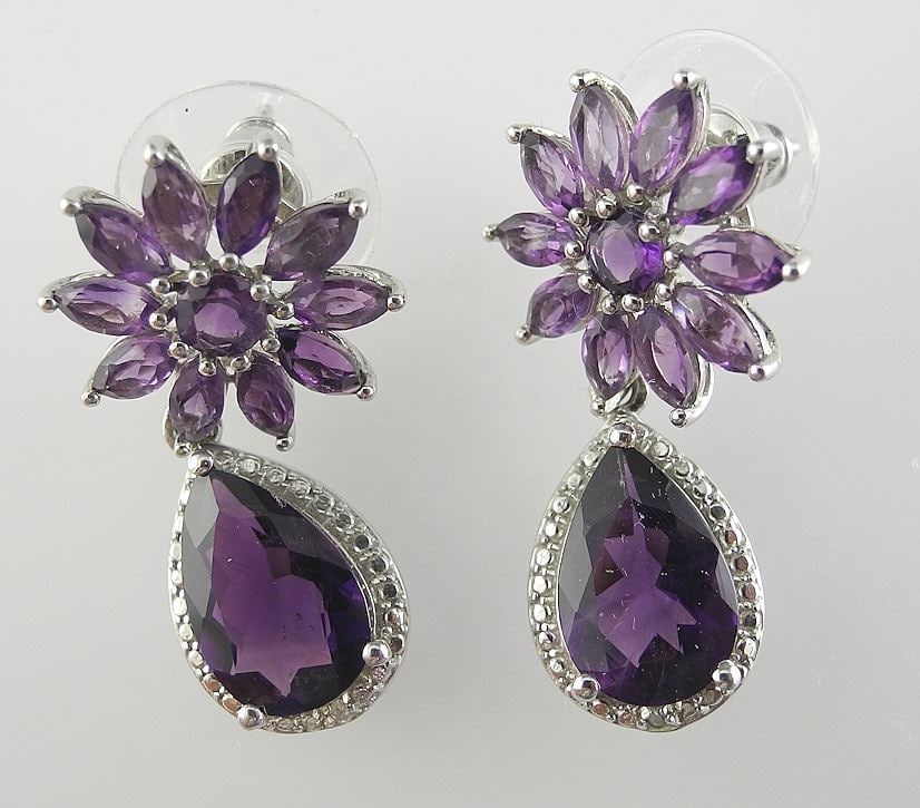 Pair of Sterling Silver (marked 925 STS) & Amethyst Floral Droplet Earrings, 6.3g.: Pair of Sterling Silver (marked 925 STS) & Amethyst Floral Droplet Earrings, 6.3g.