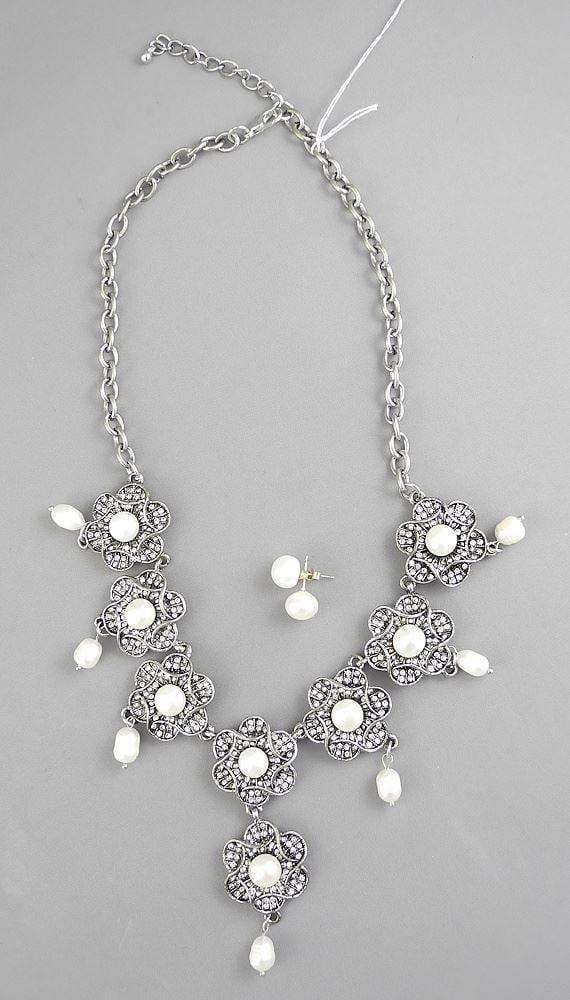 White Metal Freshwater Pearl & Austrian Crystal Necklace (20"L) & 925 Pearl Earrings. (1 of 2)